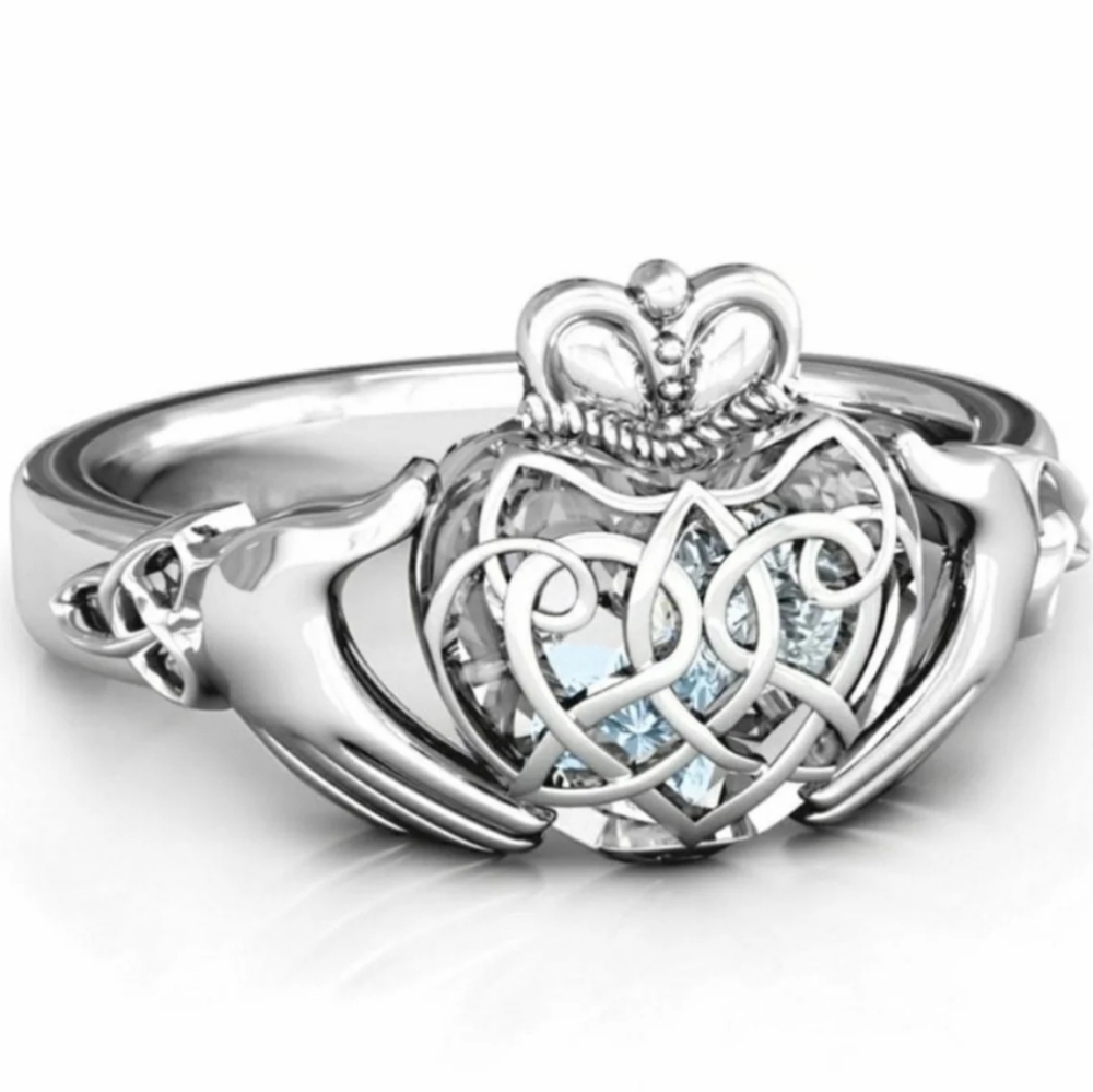 Sterling Celtic Claddagh Caged Hearts Aquamarine & Topaz Ring